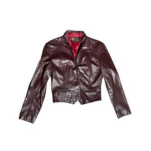 Vintage 90s Burgundy Cropped Leather Jacket Fitted Indie Y2K XS